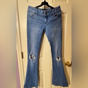 Free People Blue Distressed Flare Jeans